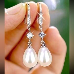 Diamond Pearl Tear Drop Earrings